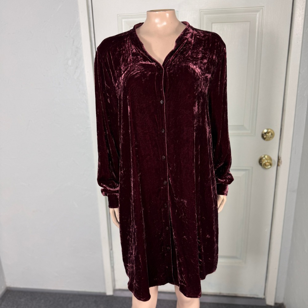 Eileen Fisher Women L Dress Shift Silk Velvet Long Sleeve V neck Button V3-20
